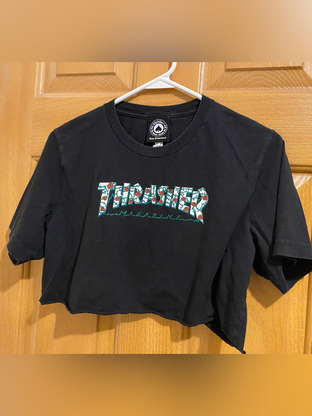 Thrasher Black Crop Tee with Floral Logo